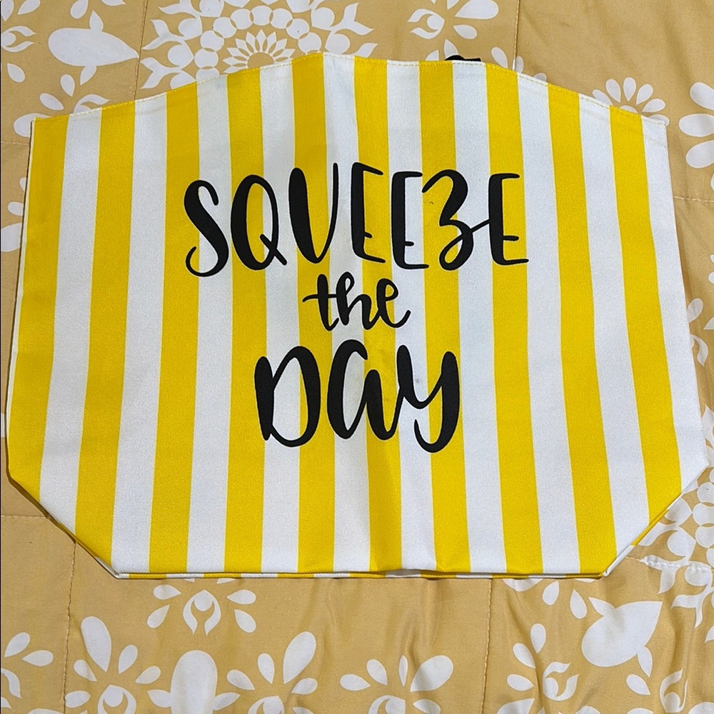 Bright Yellow and White Striped SQUEEZE THE DAY large tote. New. Never used.